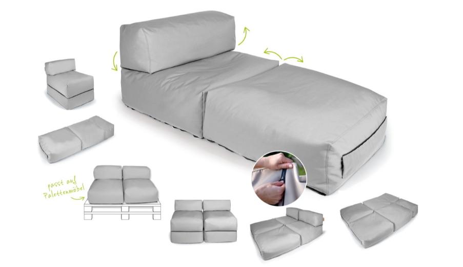 OUTBAG Outdoor-Sitzsack Switch Der wetterfeste Sitzsack Switch lässt sich in einem Sessel, Hocker oder Daybed umwandeln.